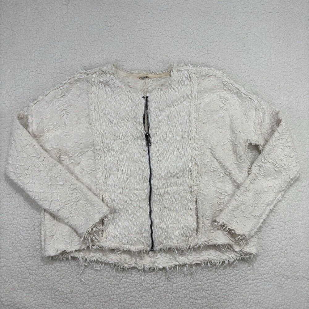 Free People Women's Small Jacket Ivory Off White Shaggy Furry Textured Full Zip